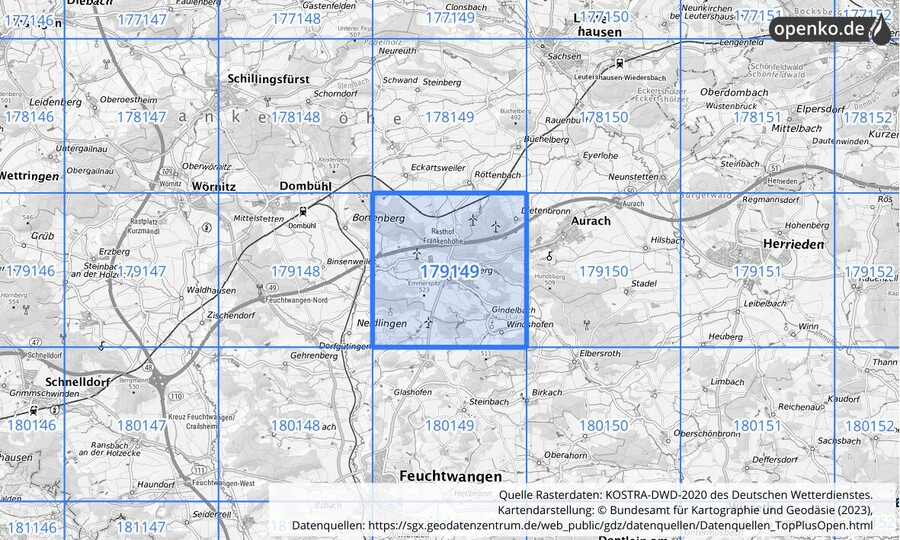 Übersichtskarte des KOSTRA-DWD-2020-Rasterfeldes Nr. 179149