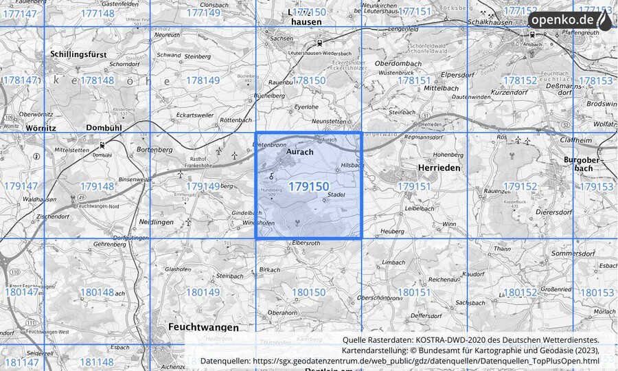 Übersichtskarte des KOSTRA-DWD-2020-Rasterfeldes Nr. 179150