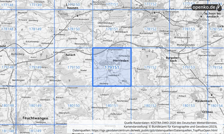 Übersichtskarte des KOSTRA-DWD-2020-Rasterfeldes Nr. 179151
