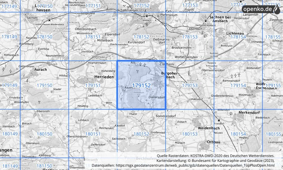 Übersichtskarte des KOSTRA-DWD-2020-Rasterfeldes Nr. 179152
