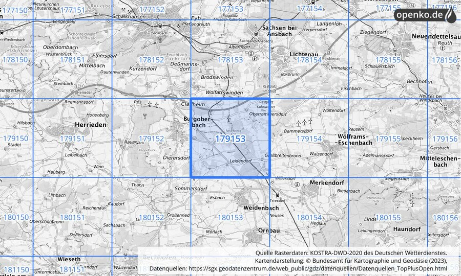 Übersichtskarte des KOSTRA-DWD-2020-Rasterfeldes Nr. 179153