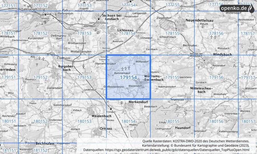 Übersichtskarte des KOSTRA-DWD-2020-Rasterfeldes Nr. 179154