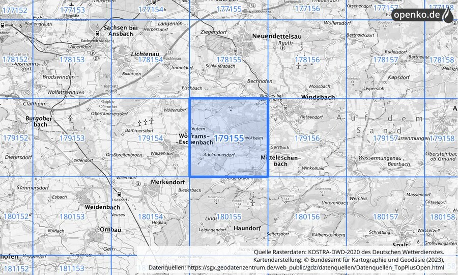 Übersichtskarte des KOSTRA-DWD-2020-Rasterfeldes Nr. 179155