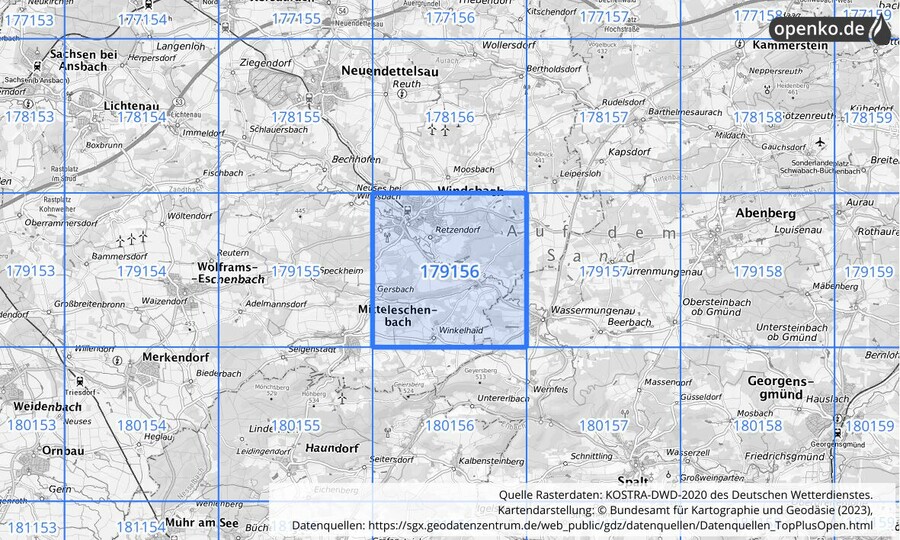 Übersichtskarte des KOSTRA-DWD-2020-Rasterfeldes Nr. 179156