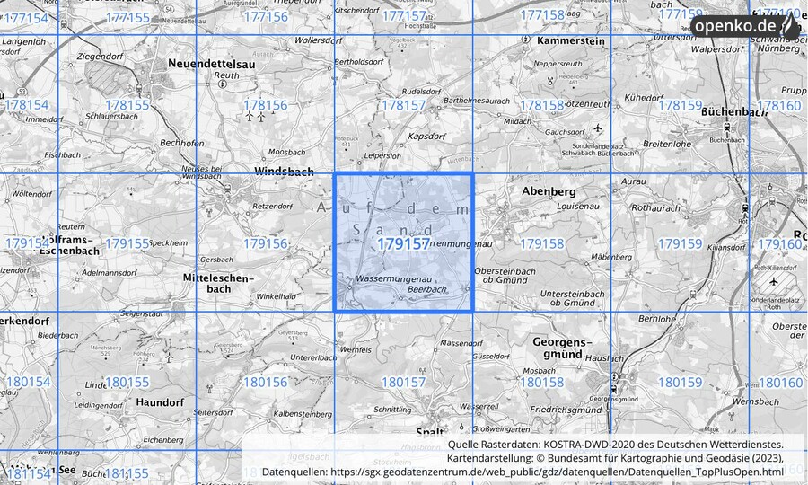 Übersichtskarte des KOSTRA-DWD-2020-Rasterfeldes Nr. 179157