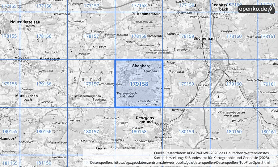 Übersichtskarte des KOSTRA-DWD-2020-Rasterfeldes Nr. 179158