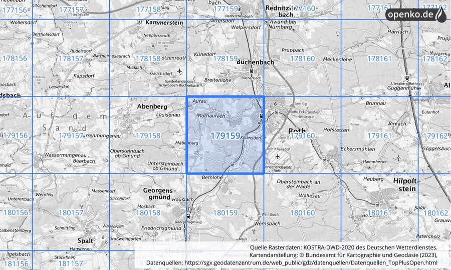 Übersichtskarte des KOSTRA-DWD-2020-Rasterfeldes Nr. 179159