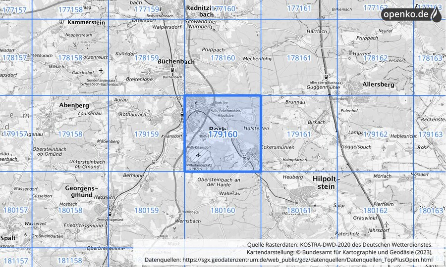 Übersichtskarte des KOSTRA-DWD-2020-Rasterfeldes Nr. 179160