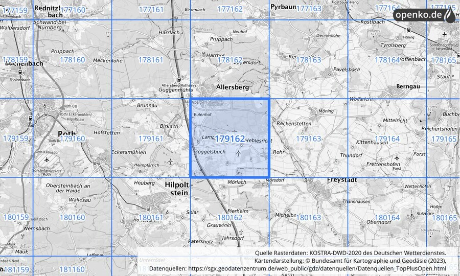 Übersichtskarte des KOSTRA-DWD-2020-Rasterfeldes Nr. 179162