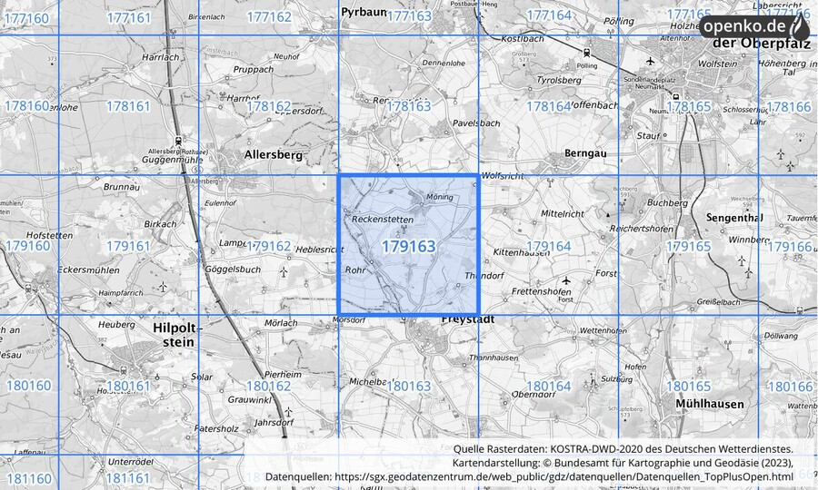 Übersichtskarte des KOSTRA-DWD-2020-Rasterfeldes Nr. 179163