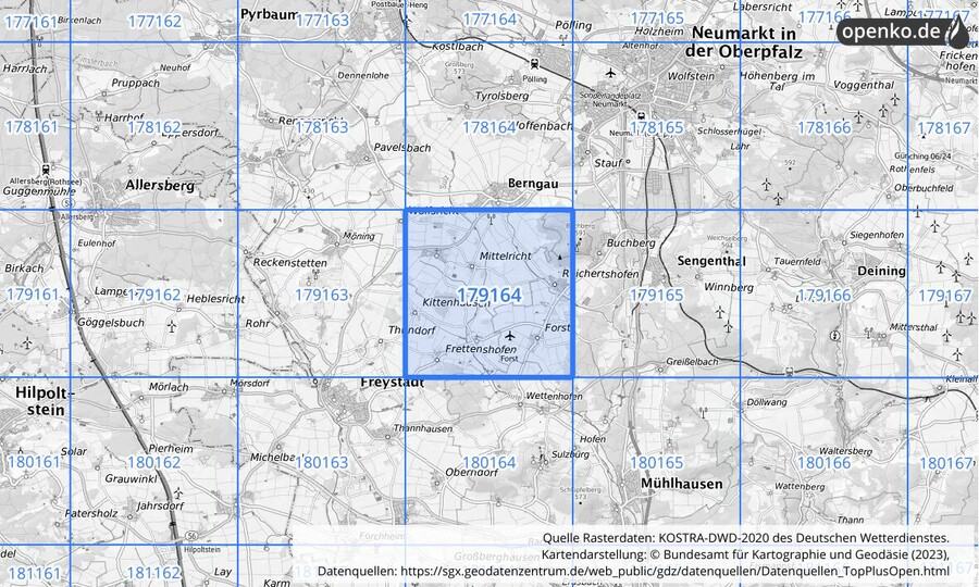 Übersichtskarte des KOSTRA-DWD-2020-Rasterfeldes Nr. 179164