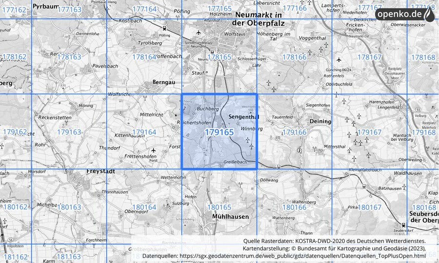 Übersichtskarte des KOSTRA-DWD-2020-Rasterfeldes Nr. 179165