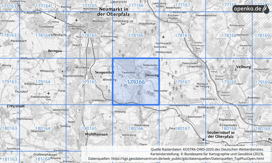 Übersichtskarte des KOSTRA-DWD-2020-Rasterfeldes Nr. 179166