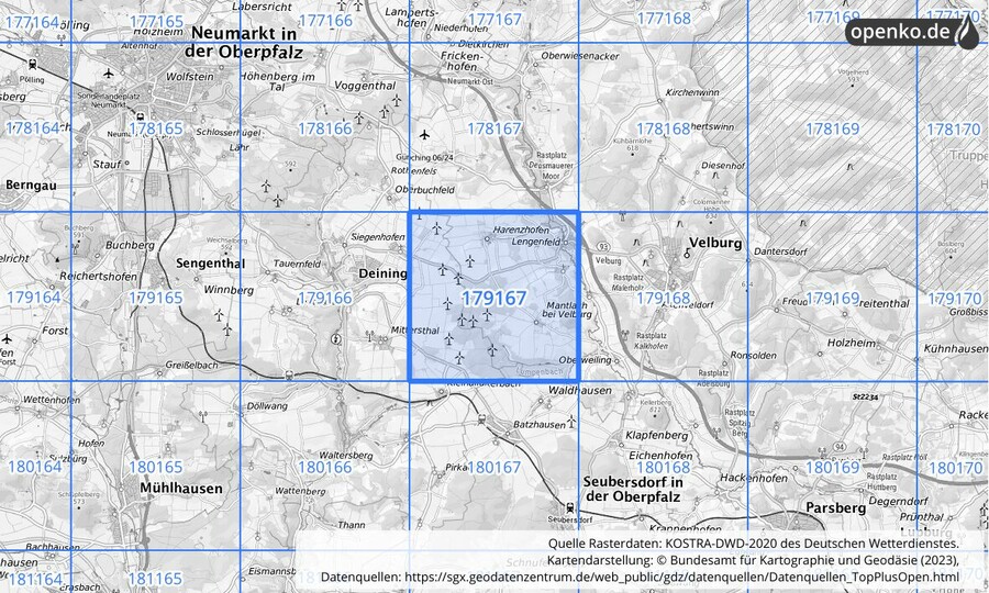 Übersichtskarte des KOSTRA-DWD-2020-Rasterfeldes Nr. 179167