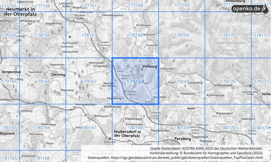 Übersichtskarte des KOSTRA-DWD-2020-Rasterfeldes Nr. 179168