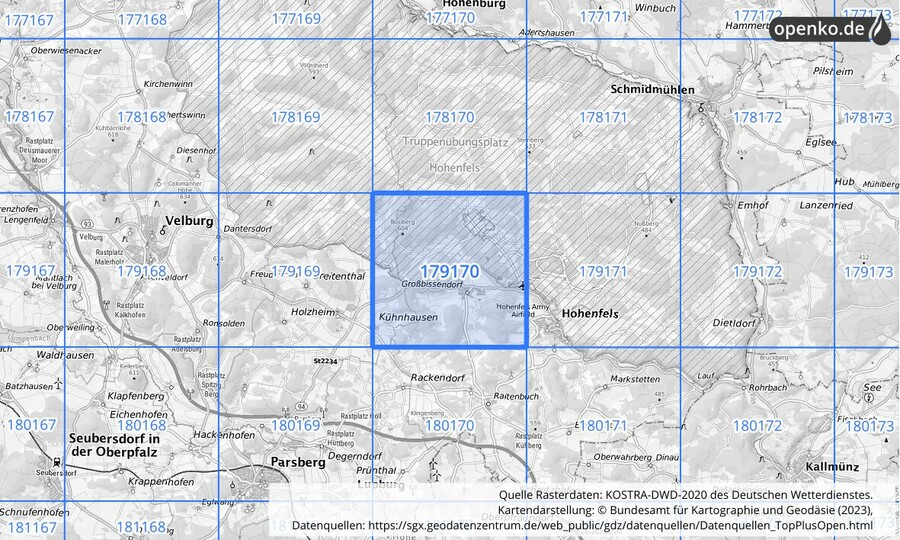 Übersichtskarte des KOSTRA-DWD-2020-Rasterfeldes Nr. 179170