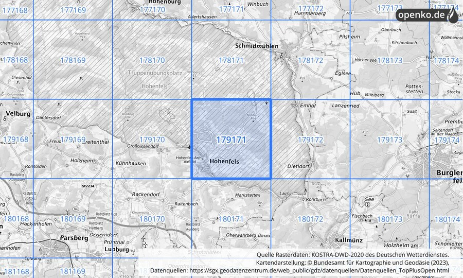 Übersichtskarte des KOSTRA-DWD-2020-Rasterfeldes Nr. 179171