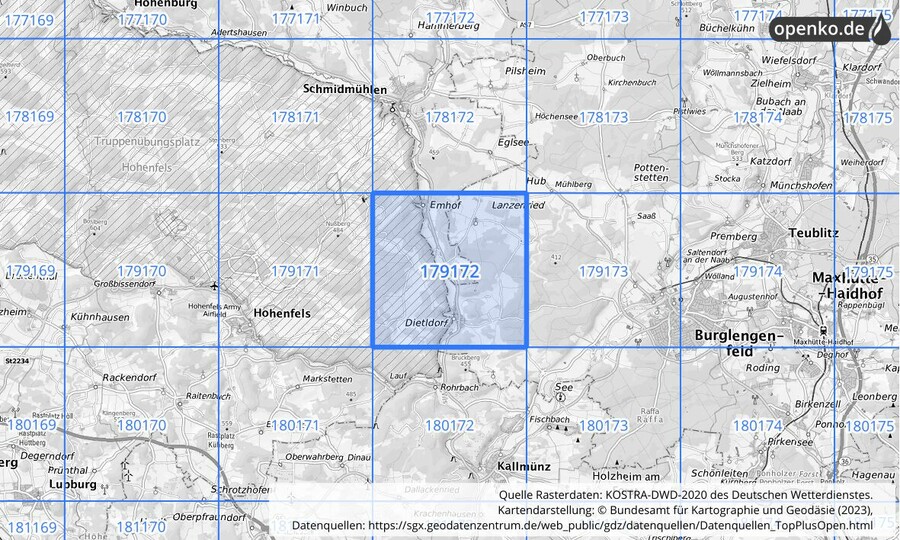 Übersichtskarte des KOSTRA-DWD-2020-Rasterfeldes Nr. 179172