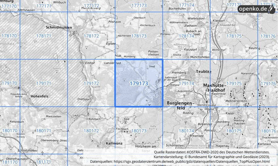 Übersichtskarte des KOSTRA-DWD-2020-Rasterfeldes Nr. 179173