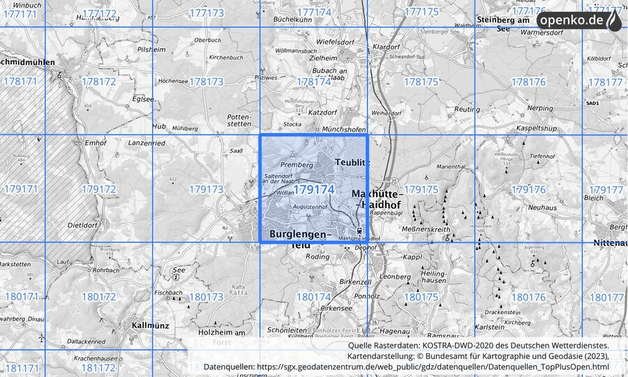 Übersichtskarte des KOSTRA-DWD-2020-Rasterfeldes Nr. 179174