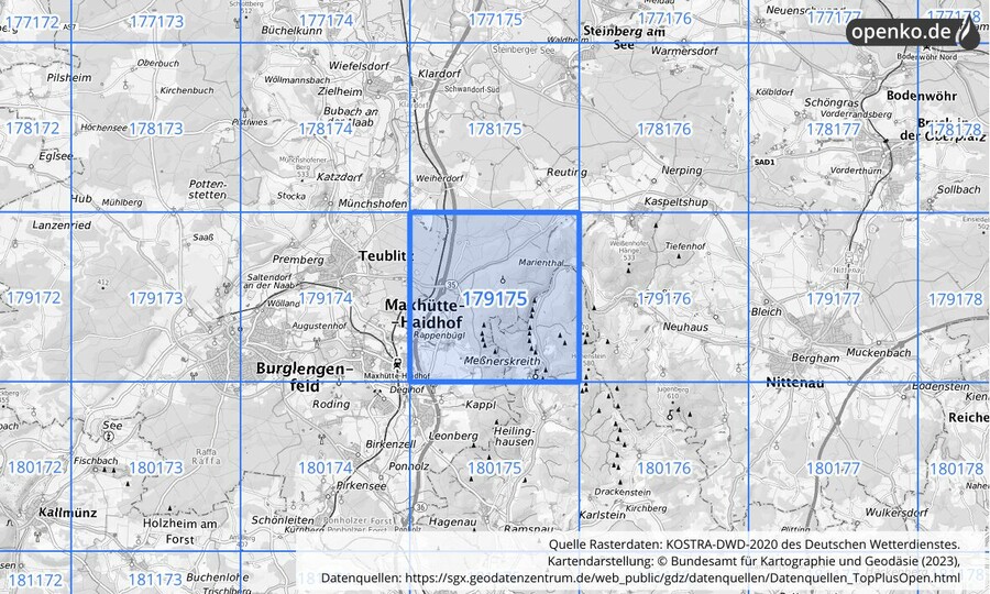 Übersichtskarte des KOSTRA-DWD-2020-Rasterfeldes Nr. 179175