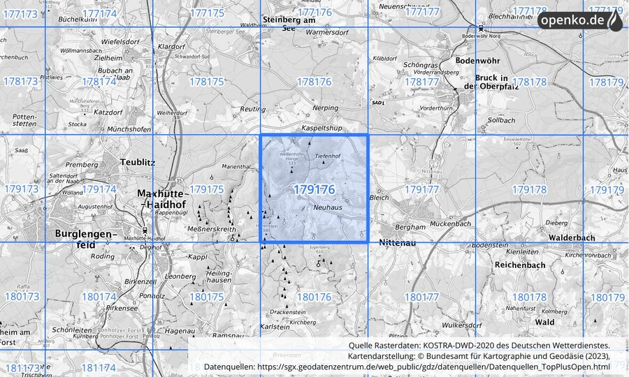 Übersichtskarte des KOSTRA-DWD-2020-Rasterfeldes Nr. 179176