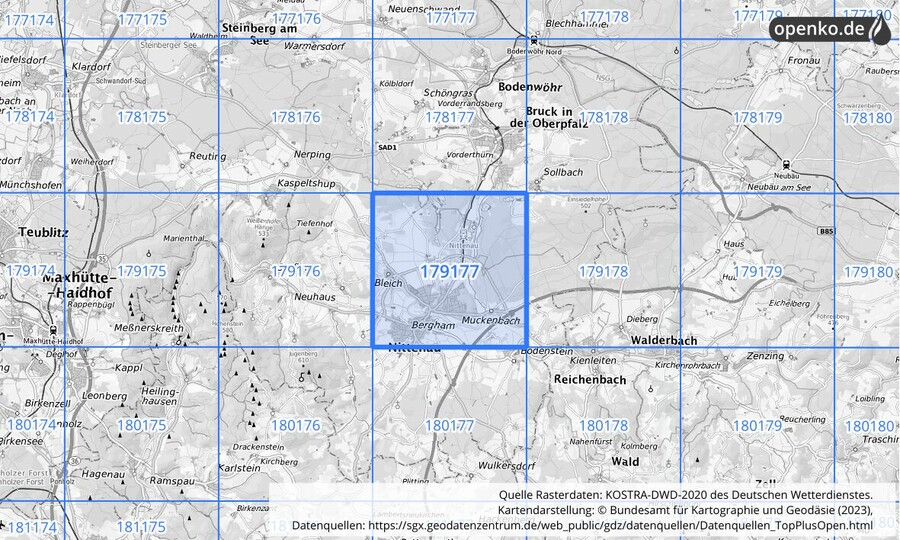 Übersichtskarte des KOSTRA-DWD-2020-Rasterfeldes Nr. 179177