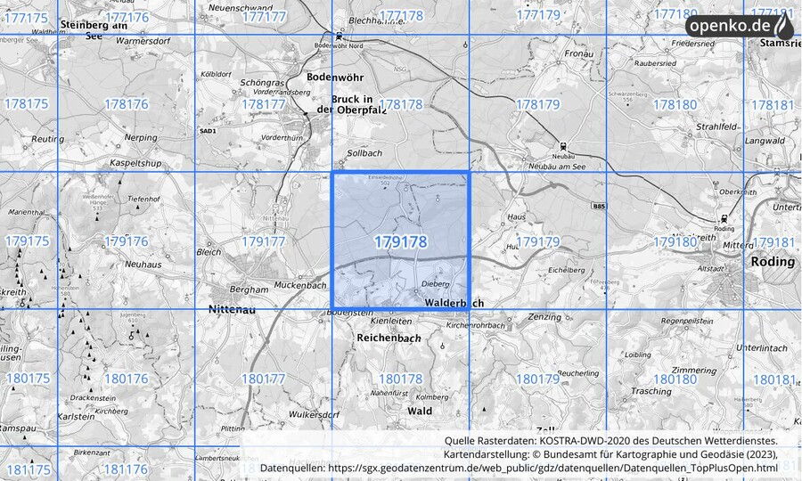 Übersichtskarte des KOSTRA-DWD-2020-Rasterfeldes Nr. 179178