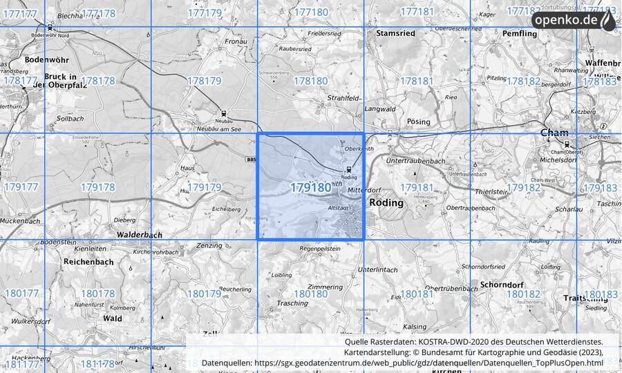 Übersichtskarte des KOSTRA-DWD-2020-Rasterfeldes Nr. 179180