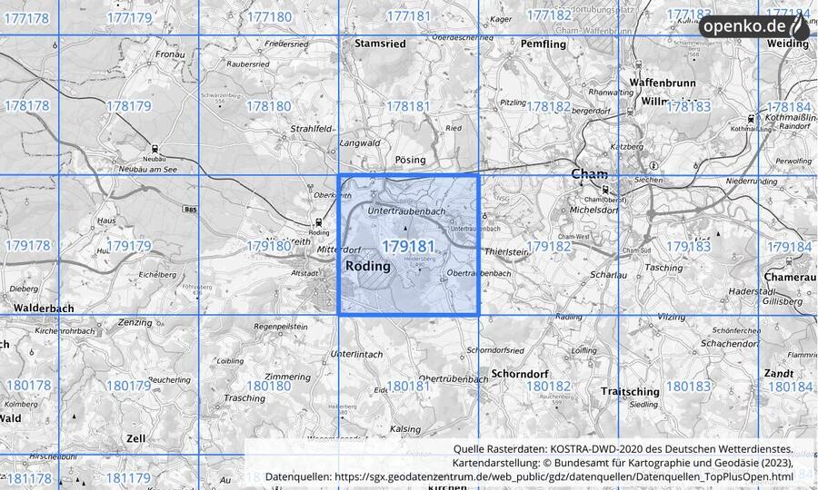 Übersichtskarte des KOSTRA-DWD-2020-Rasterfeldes Nr. 179181