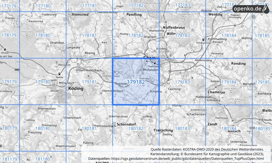 Übersichtskarte des KOSTRA-DWD-2020-Rasterfeldes Nr. 179182