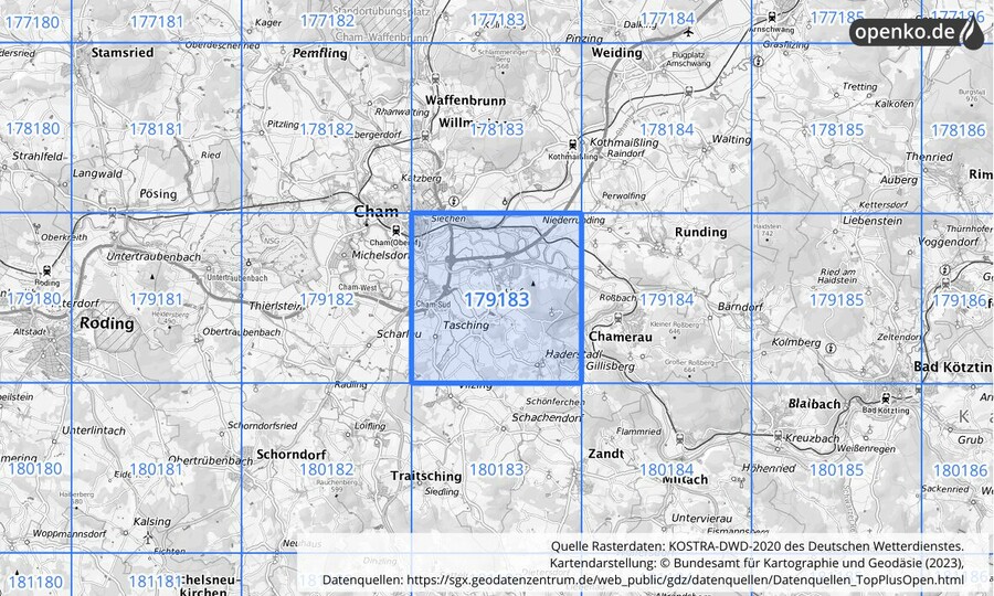 Übersichtskarte des KOSTRA-DWD-2020-Rasterfeldes Nr. 179183