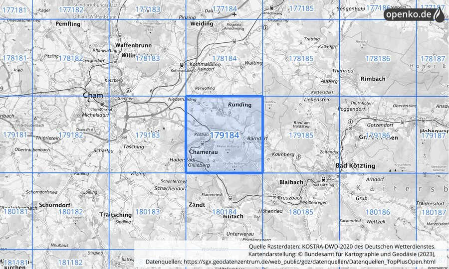 Übersichtskarte des KOSTRA-DWD-2020-Rasterfeldes Nr. 179184
