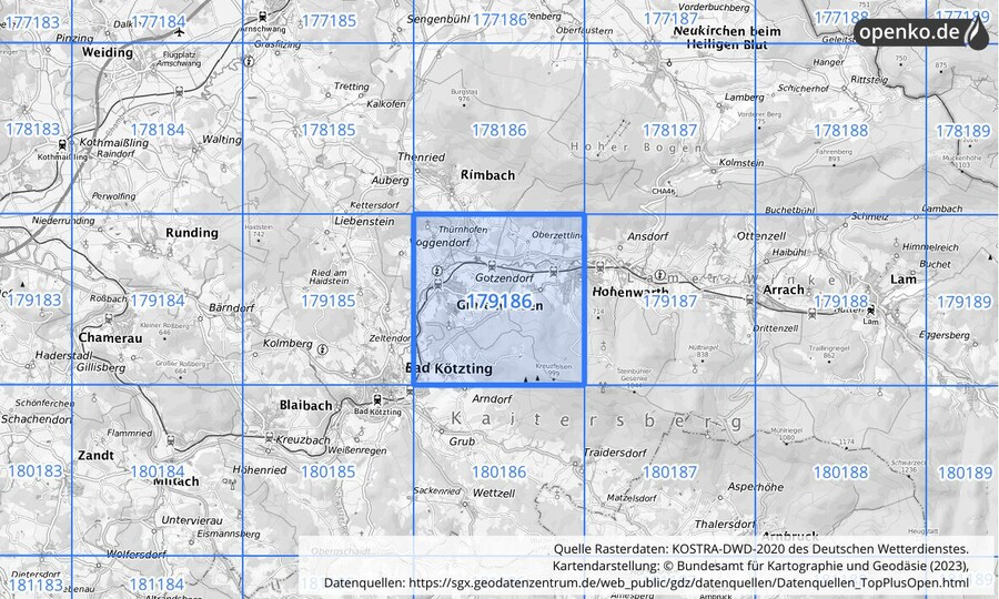 Übersichtskarte des KOSTRA-DWD-2020-Rasterfeldes Nr. 179186