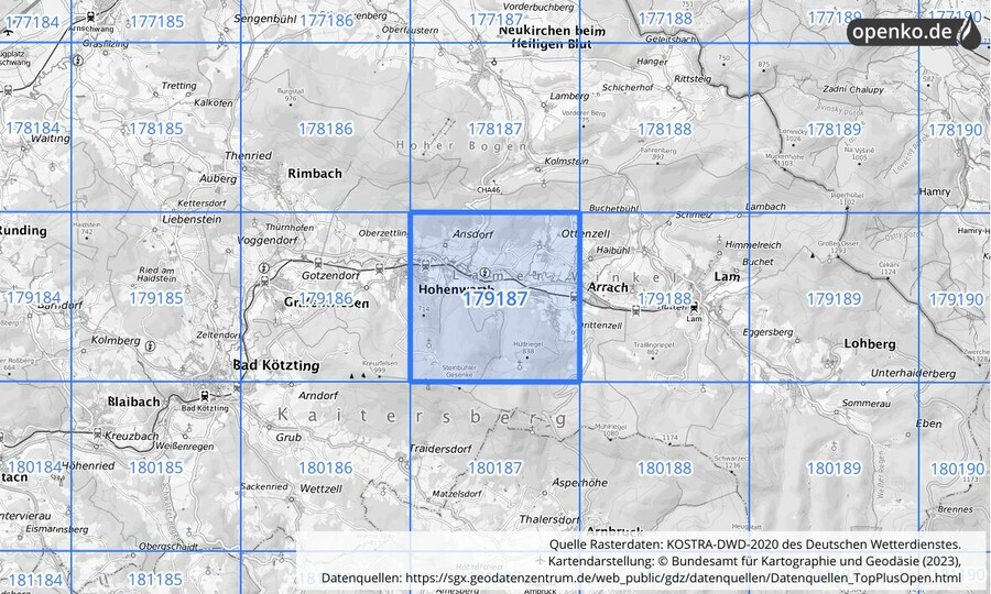 Übersichtskarte des KOSTRA-DWD-2020-Rasterfeldes Nr. 179187