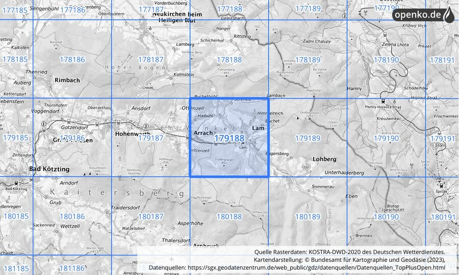 Übersichtskarte des KOSTRA-DWD-2020-Rasterfeldes Nr. 179188