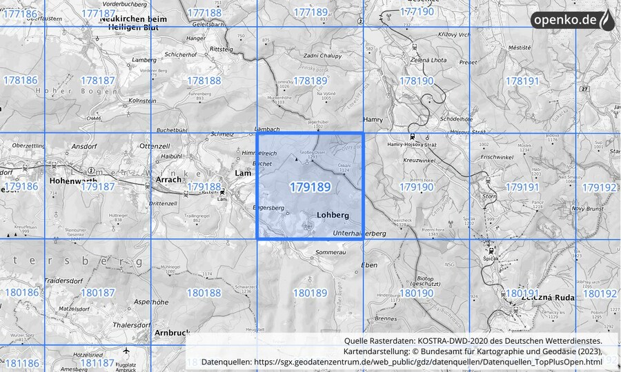 Übersichtskarte des KOSTRA-DWD-2020-Rasterfeldes Nr. 179189