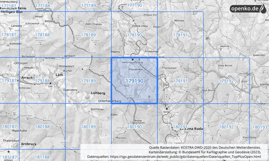 Übersichtskarte des KOSTRA-DWD-2020-Rasterfeldes Nr. 179190