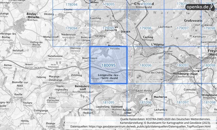 Übersichtskarte des KOSTRA-DWD-2020-Rasterfeldes Nr. 180095