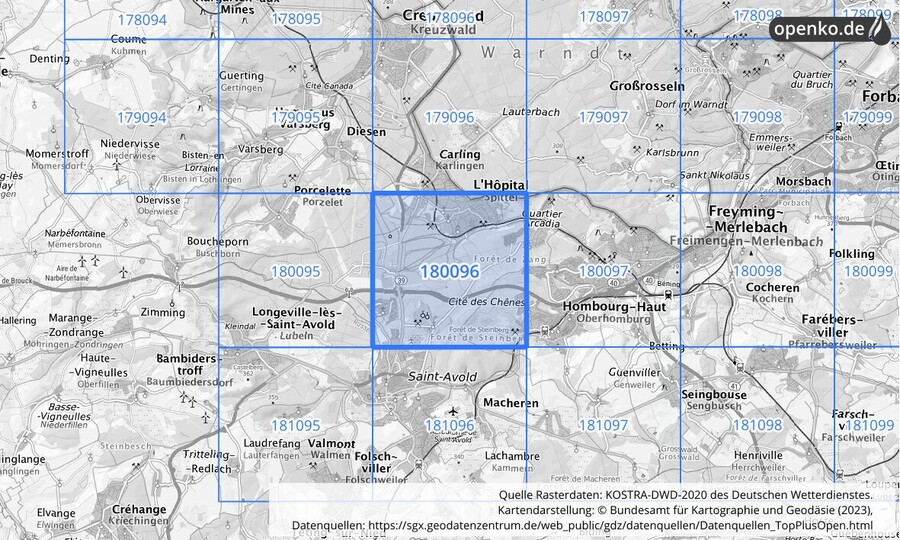 Übersichtskarte des KOSTRA-DWD-2020-Rasterfeldes Nr. 180096