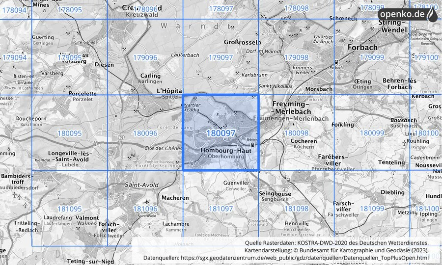 Übersichtskarte des KOSTRA-DWD-2020-Rasterfeldes Nr. 180097