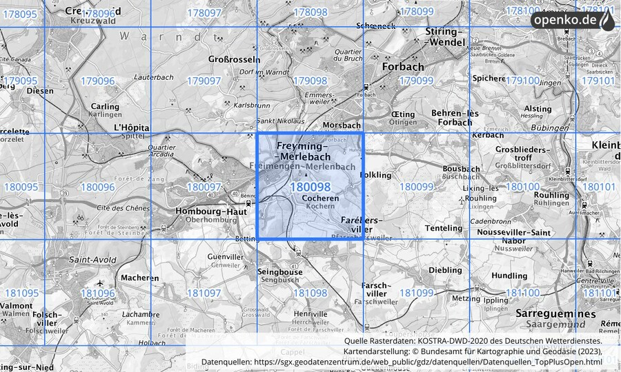Übersichtskarte des KOSTRA-DWD-2020-Rasterfeldes Nr. 180098