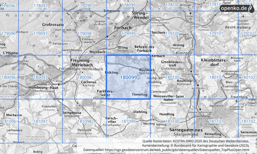 Übersichtskarte des KOSTRA-DWD-2020-Rasterfeldes Nr. 180099