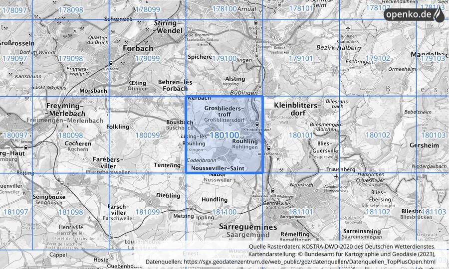 Übersichtskarte des KOSTRA-DWD-2020-Rasterfeldes Nr. 180100