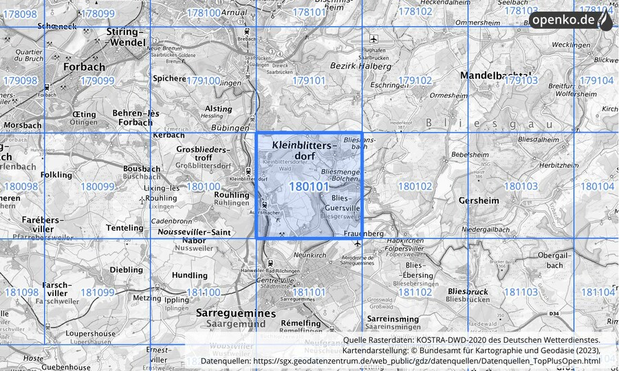 Übersichtskarte des KOSTRA-DWD-2020-Rasterfeldes Nr. 180101