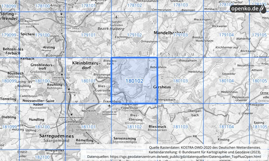 Übersichtskarte des KOSTRA-DWD-2020-Rasterfeldes Nr. 180102