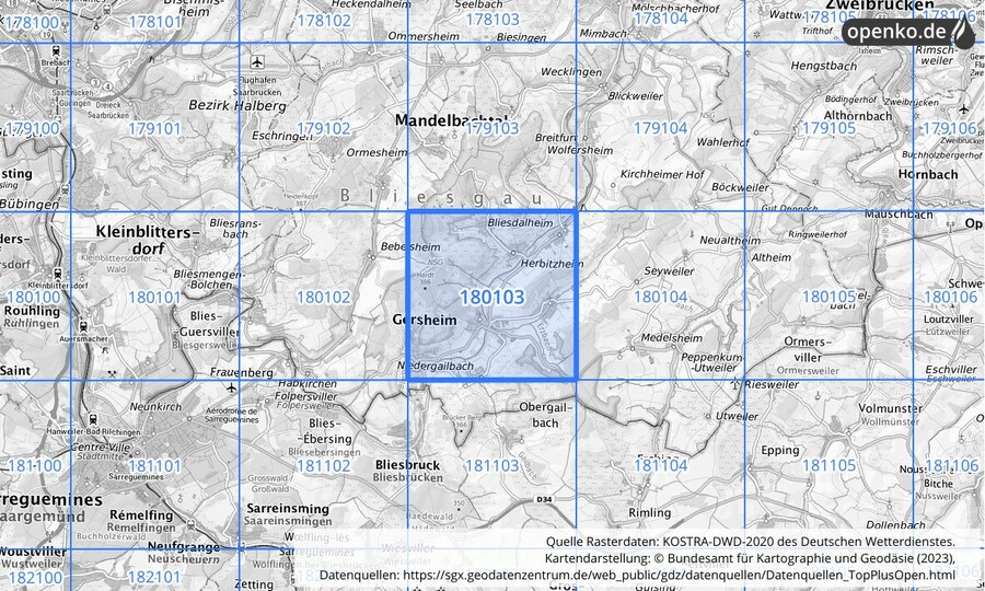 Übersichtskarte des KOSTRA-DWD-2020-Rasterfeldes Nr. 180103