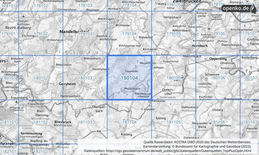 Übersichtskarte des KOSTRA-DWD-2020-Rasterfeldes Nr. 180104