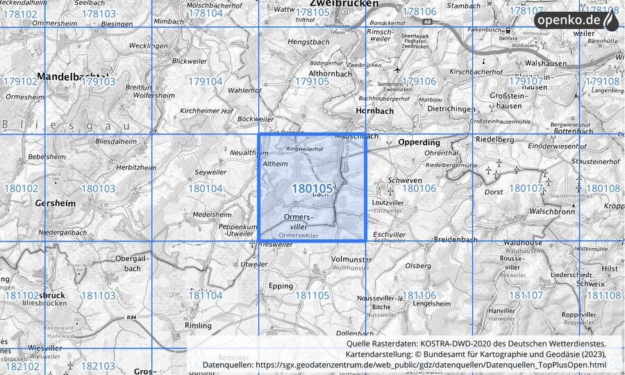 Übersichtskarte des KOSTRA-DWD-2020-Rasterfeldes Nr. 180105
