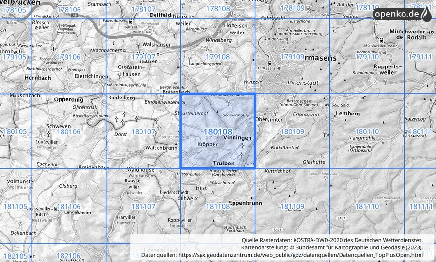 Übersichtskarte des KOSTRA-DWD-2020-Rasterfeldes Nr. 180108